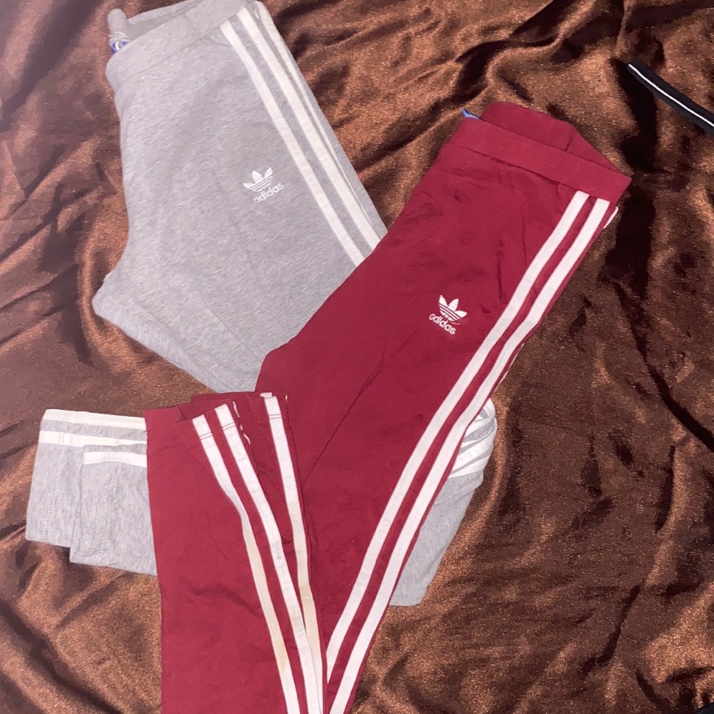 Adidas original burgundy and grey leggings.